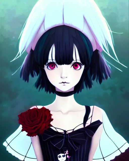 Prompt: portrait of cute goth alice from wonderland, anime key visual, by ilya kuvshinov and wlop and makoto shinkai and studio ghibli