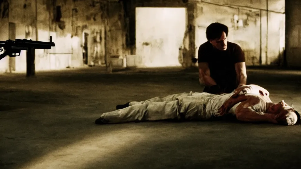 Image similar to film still of a wounded man in a white shirt laying in a warehouse next to a gun on the ground. moody, grainy, 4 k, directed by quentin tarantino,