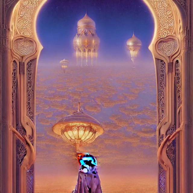 Prompt: the gates of heaven, beautiful delicacy, flowing arab art nouveau architecture, repeating patterns, tim hildebrandt, wayne barlowe, bruce pennington, donato giancola, trending on artstation, cinematic composition, beautiful lighting, hyper detailed, 8 k, oil on canvas