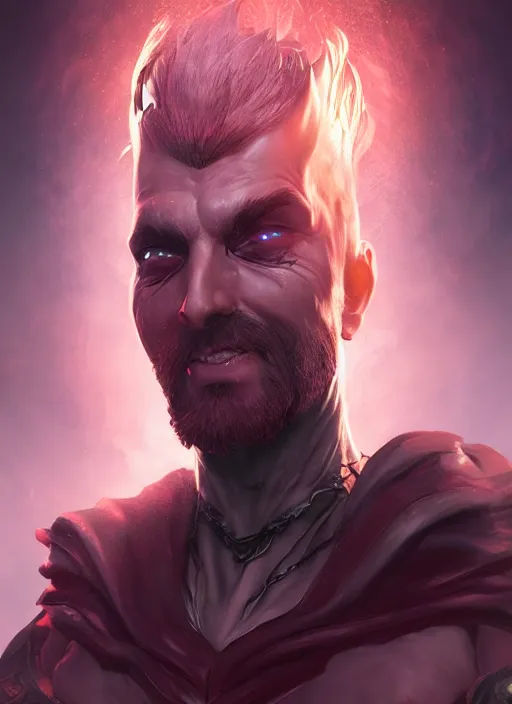 Prompt: A fantasy comic book style portrait painting of a evil male necromancer, unreal 5, DAZ, hyperrealistic, octane render, RPG portrait, dynamic lighting