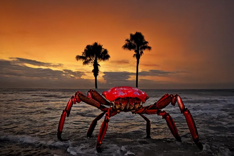 Image similar to giant crab attacking a california city, in 2 0 1 2, bathed in the the glow of the sunset, low - light photograph, photography by tyler mitchell