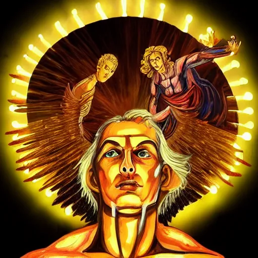 Image similar to Oil canvas of Lucifer, ruler of Inferno, capital sin of Pride, Superbia, natural blonde gold like hair, intricate sophisticated well rounded face, good bone structure, bright glowing eyes as LEDs and neon, lean body, porcelain looking skin, attractive and good looking, tall, invincible, poses triumphantly over Michael the archangel in Heaven, flaming sword light saber, by Michelangelo, Caravaggio,Leonardo da Vinci, Raphael, Donatello and Sandro Botticelli, Dark Fantasy mixed with Socialist Realism, exquisite art, art-gem, dramatic representation, hyper-realistic, atmospheric scene, cinematic, trending on ArtStation, photoshopped, deep depth of field, intricate detail, finely detailed, small details, extra detail, attention to detail, detailed picture, symmetrical, 2D art, digital art, golden hour, oil painting, 8k, 4k, high resolution, unreal engine 5, octane render, arnold render, 3-point perspective, polished, complex, stunning, breathtaking, awe-inspiring, award-winning, ground breaking, concept art, nouveau painting masterpiece