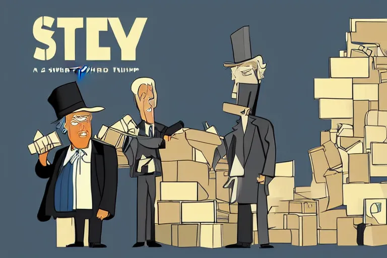 Image similar to 2 d poster illlustration donald trump and donald trump wearing trenchcoats and black spy hats, stacks of boxes everywhere and a safe broken open for the movie spy vs spy