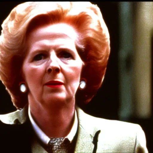 Image similar to A movie still of Margaret Thatcher as Neo in The Matrix