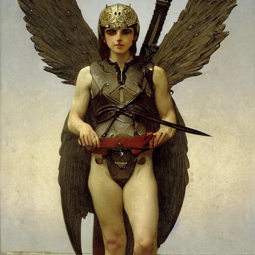 Image similar to portrait of a skeleton archer with big sword, wearing helmets and armor with wings, symmetrical, solemn, sacred, aura, by bouguereau