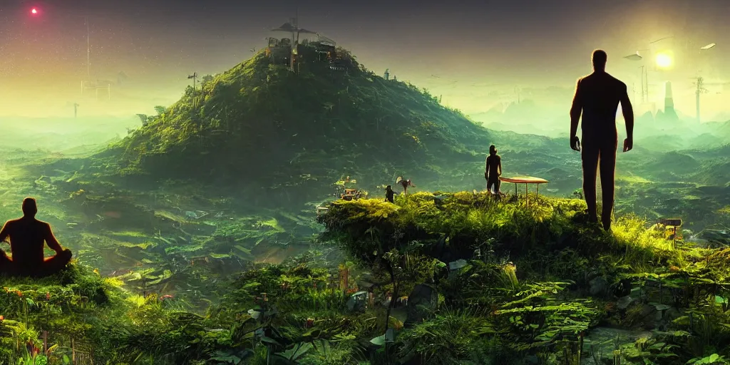 Image similar to a cinematic composition depicting : a computer run solarpunk civilization encroaching on a degrading cyberpunk world, on top of the mountain a man sits in a lotus pose overlooking a hopeful and lush foresty solarpunk valley at sunrise