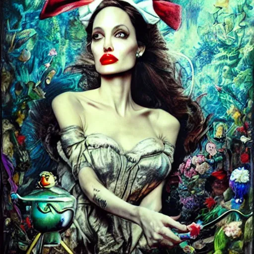 Image similar to angelina jolie in alice in wonderland tripping on lsd, intricate detail, painting, royo, frazetta, whealan,