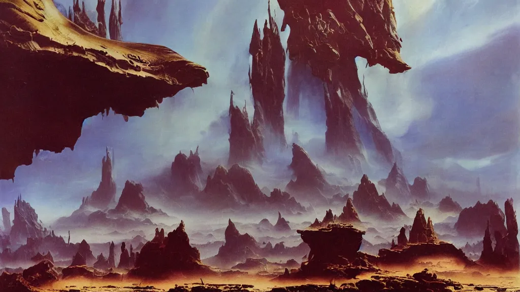 Image similar to surreal eerie alien planet empire by frank frazetta and bruce pennington, cinematic matte painting