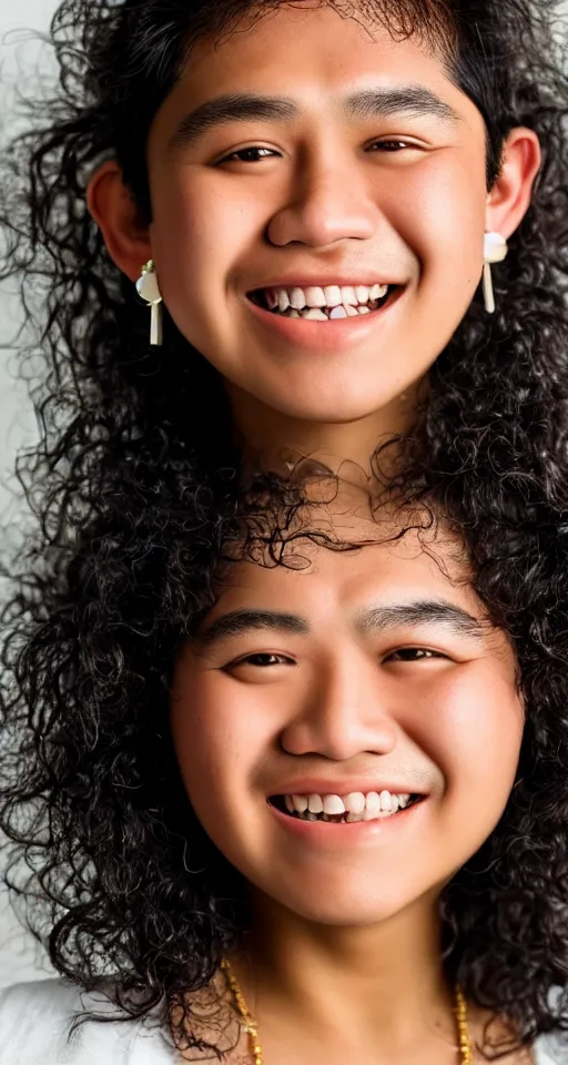 Prompt: close up photograph of a single fat filipino teenage boy smiling with crooked teeth, with a curly perm, and with small studded earings, 4 k, photorealistic, high detail by annie leibovitz