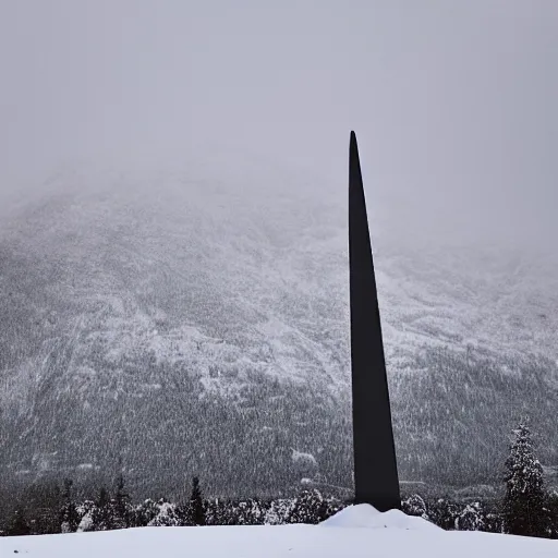 Prompt: a monolithic obelisk temple next to a snowcapped mountain. snowing, overcast sky, grainy.