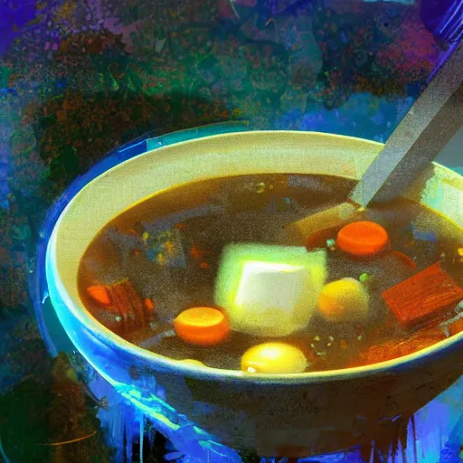 Prompt: a bowl of soup that is portal to another dimension as a digital art. in the style of john berkey.