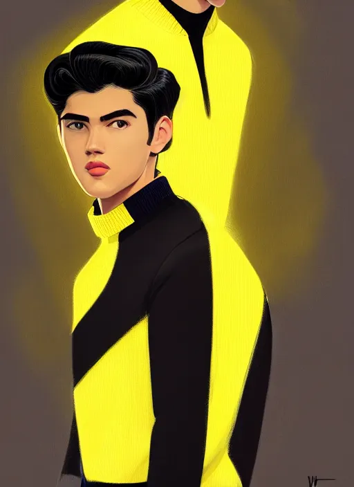 Image similar to portrait of young reggie mantle, mean smirk, egotistical, slicked back hair, striped yellow and black sweater, 1 9 5 0 s, intricate, elegant, glowing lights, highly detailed, digital painting, artstation, concept art, smooth, sharp focus, illustration, art by wlop, mars ravelo and greg rutkowski