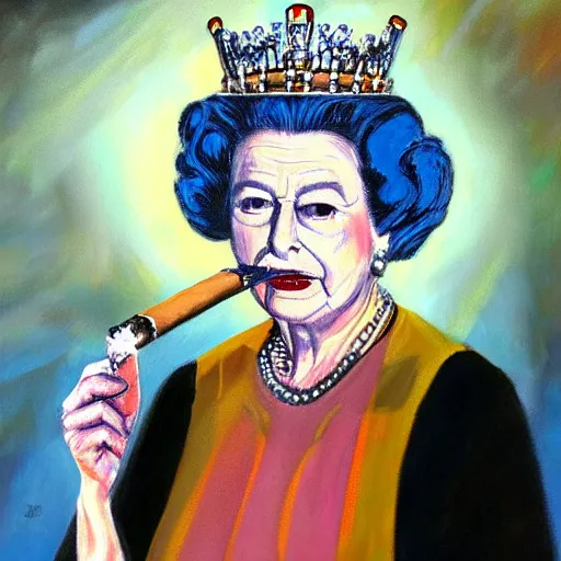 Prompt: Realistic painting of Queen Elizabeth II smoking a cigar on a unicycle