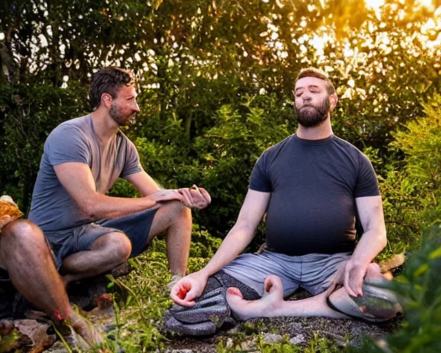 Image similar to mr robert smoke weed and meditate in the garden, near the campfire, he has dark grey hairs, detailed glad face, muscular chest, pregnant belly, golden hour closeup photo, red elegant shirt, eyes wide open, ymmm and that smell