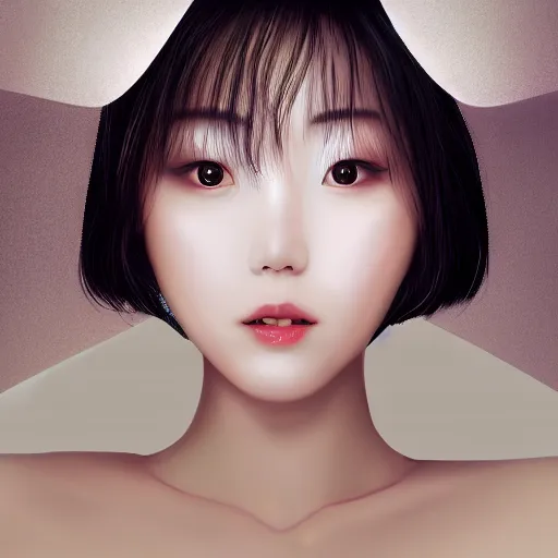 Image similar to close-up portrait of a beautiful Korean Luxurious Goddess wearing an elegant futuristic outfit posing dramatically in the art style of WLOP, rule of thirds, fair complexity, 4k quality