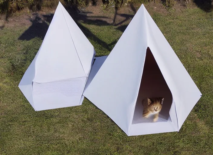 Image similar to geometric cat shaped burning man canvas tent, internally illuminated
