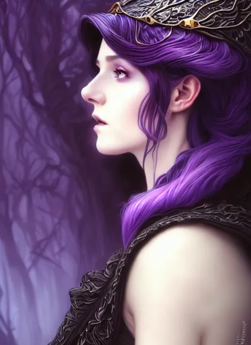 Image similar to side portrait beautiful young female model, witchy outfit large cloak, fantasy forest landscape, dragon scales, fantasy magic, undercut hairstyle, short purple black fade hair, dark light night, intricate, elegant, sharp focus, illustration, highly detailed, digital painting, concept art, matte, art by wlop and artgerm and greg rutkowski and alphonse mucha, masterpiece