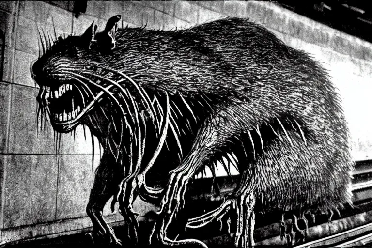 Image similar to very large giant mutant zombie irradiated ( angry rat ) staying on railways in tonnel of moscow subway. tonnel, railways, giant angry rat, furr, fangs, claws, very realistic. extreme long shot, 1 6 mm, herman nitsch and herman nitsch, giger.