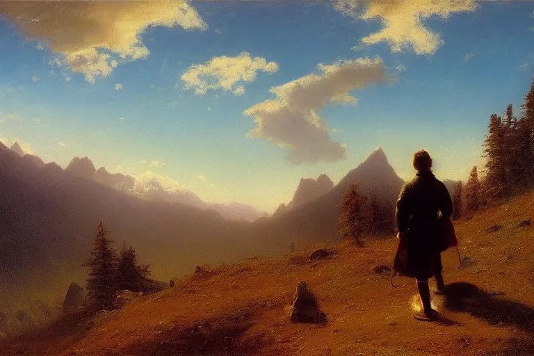 Image similar to a traveler wandering trough the mountains looking at the clouds, very detailed, oil painting, cinematic lighting, albert bierstadt, trending on artstation, colorful, canvas, sunset, hans dahl, theodor kittelsen, hermann hendrich, national geographic