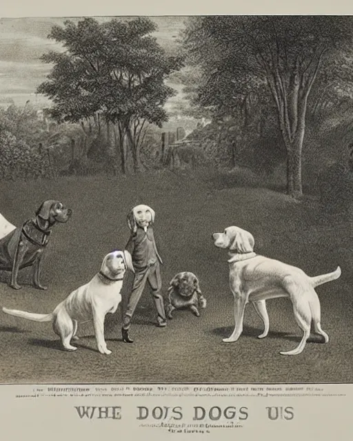 Image similar to “Who Let the Dogs Out” constables investigate the scene of a quaint garden, overrun by champion show dogs canines, a Victorian lithograph