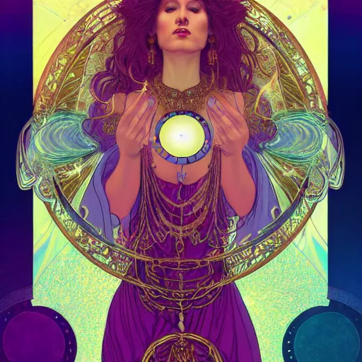 Image similar to psychic gypsy woman magic8ball tarot card, swirling glowing flowing energies, gypsy woman sees into the future, mysterious with hynotic pretty eyes, hyperdetailed, artstation by James Jean, Moebius, Mucha Klimt and Tom Bagshaw , featured on Artstation, CGsociety, Behance HD