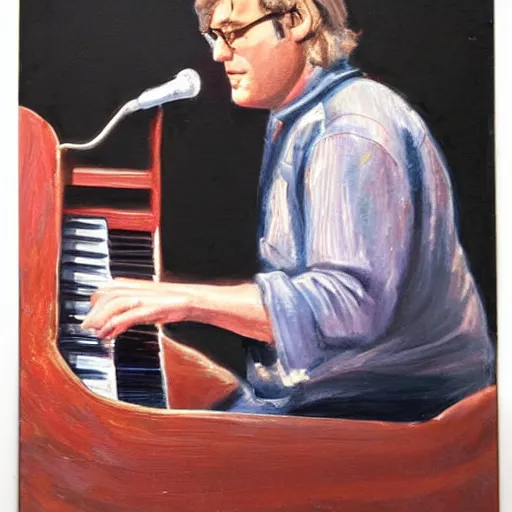 Prompt: John Sebastian playing keyboard on stage in 1967, oil painting, high detail, museum quality