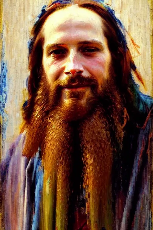 Image similar to impressionist brushstrokes!!!!!!!!! solomon joseph solomon and richard schmid and jeremy lipking victorian loose genre loose painting full length portrait painting of jesus with a slight smile happy inviting