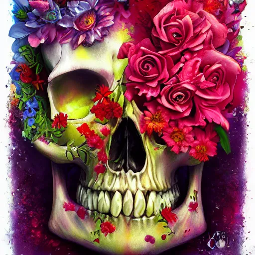 Image similar to colorful skull in flowers, by lise deharme, digital art, detailed masterpiece