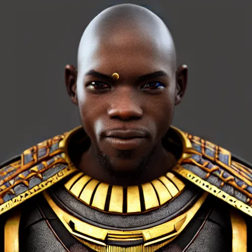 Image similar to wakandan warrior in steampunk armor, closeup portrait shot, highly detailed, photorealistic portrait, bright studio setting, studio lighting, crisp quality and light reflections, unreal engine 5 quality render