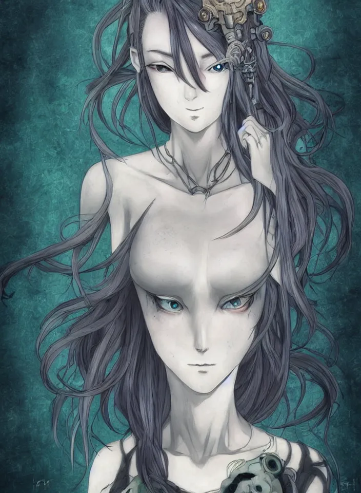 Prompt: Epic potrait of Cthulu depicted as a woman, by Ryohei Fuke, Huke, style of steins;gate, personification, dystopian, surrealism, rayonism, cold hue's