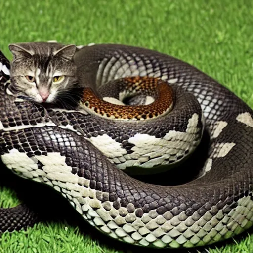 Prompt: a snake hugging a cat