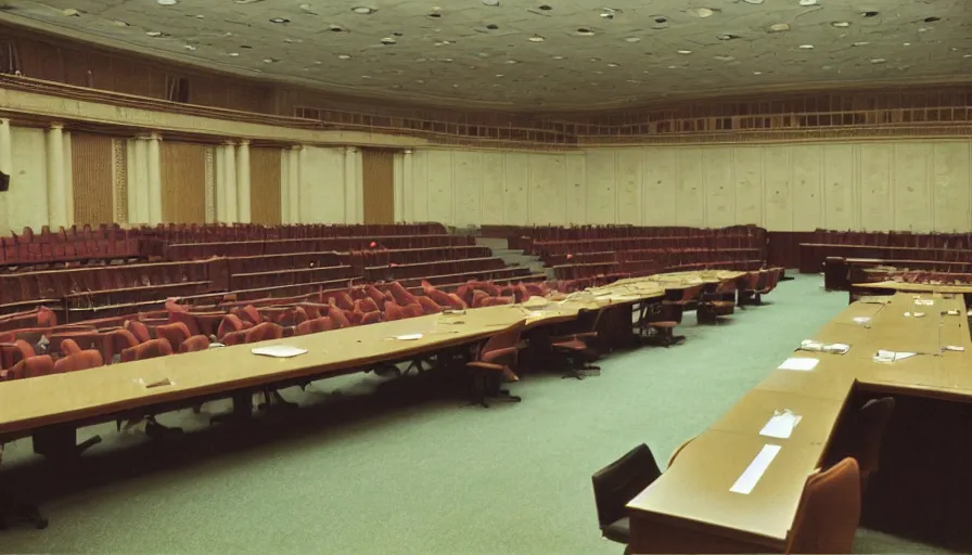 Image similar to 60s movie still of a sovietic stalinist style empty parlement, cinestill 800t 50mm eastmancolor, liminal Space style, heavy grain-s 150