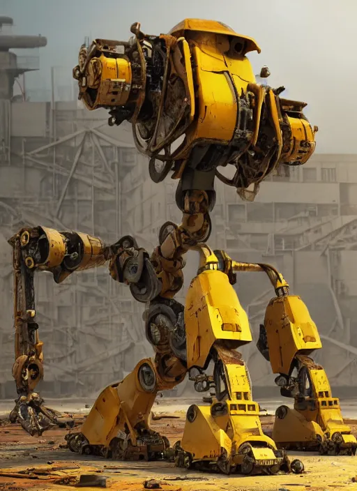 Image similar to a rusty old yellow colored big humanoid mech robot is helping out workers at chittagong ship breaking yard, matte painting, 8 k, artstation, octane, low camera angle, cinematic composition