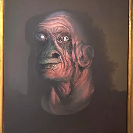 Image similar to Oil painting by Christian Rex Van Minnen of a portrait of an extremely bizarre disturbing mutated man with intense chiaroscuro lighting perfect composition