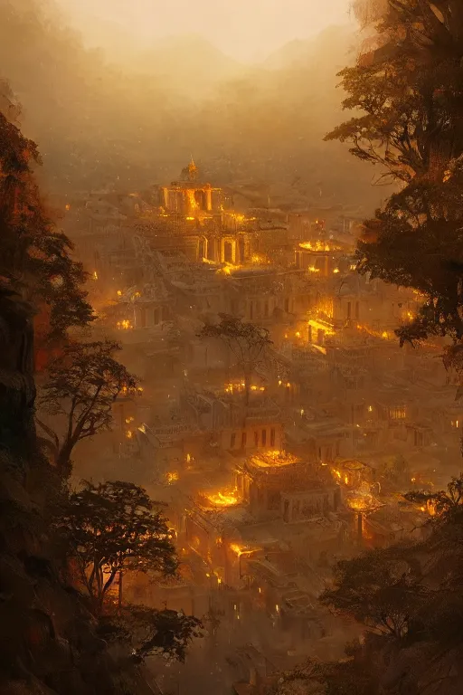 Image similar to old aztec city of gold in the middle of the forest, intricate, elegant, volumetric lighting, digital painting, highly detailed, artstation, sharp focus, illustration, concept art, ruan jia, steve mccurry