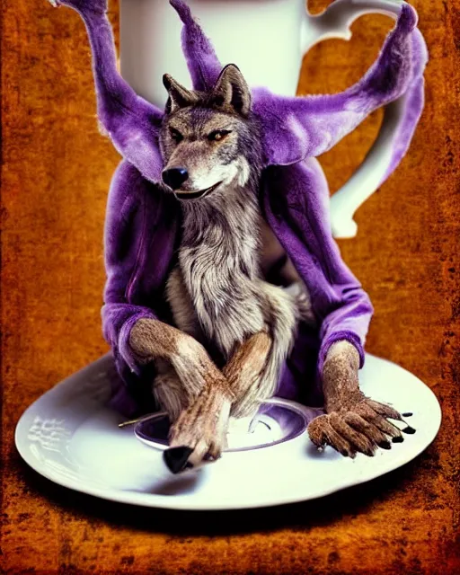 Image similar to Tall emaciated man wolf hybrid with long coyote like ears, wearing a purple velvet enjoying a cup of tea, British Tea Parties, highly realistic, Rick Baker style, photoreal, photograph in the style of Annie Leibovitz