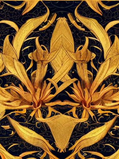 Image similar to golden lotus flowers on dark background, ornamental, symmetry, color harmony, golden ratio, william morris, hokusai, trending on artstation, character design, detailed, intricate, hypermaximalist, elegant, ornate, luxury, elite, atmospheric, matte painting, wide shot, two heads