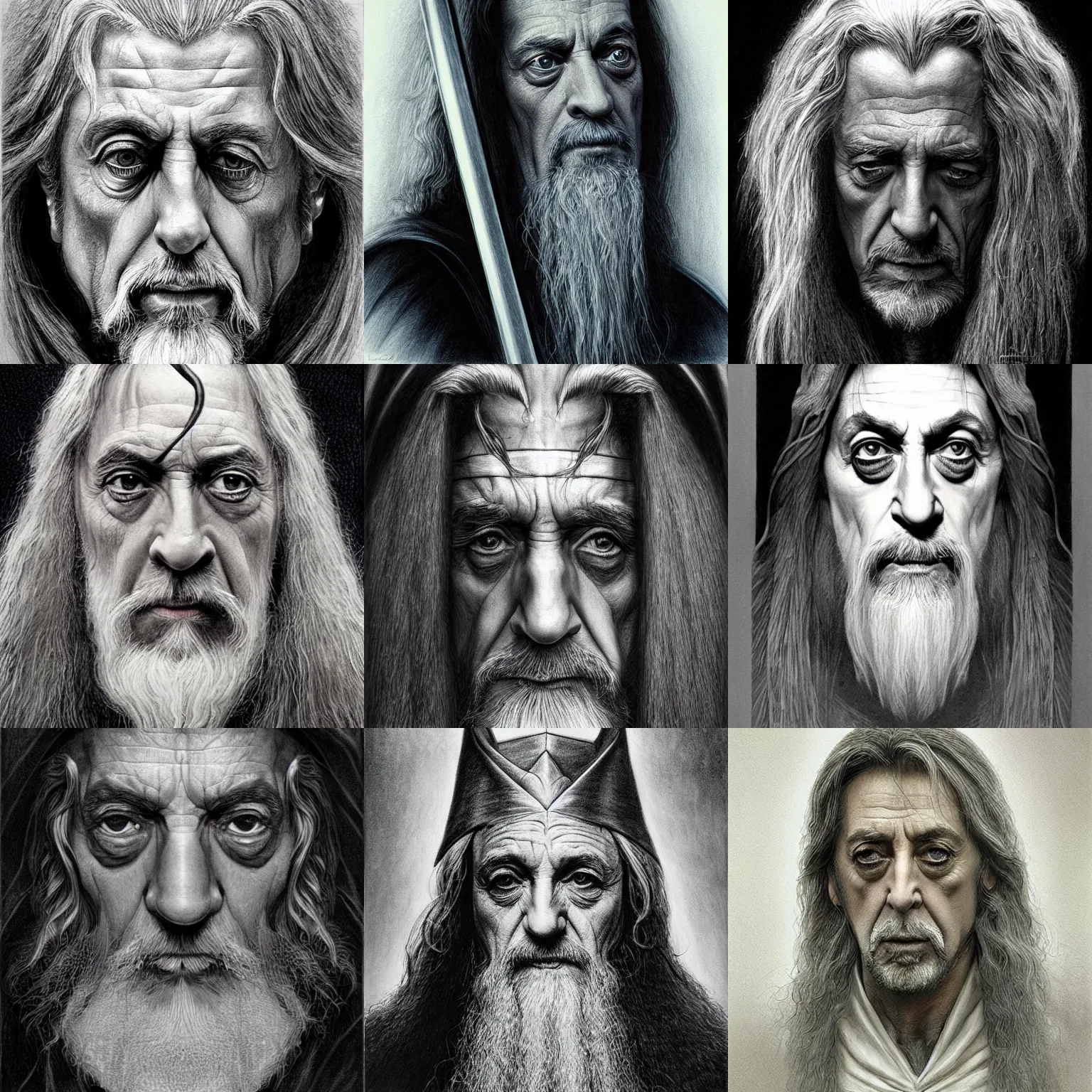 Prompt: Al Pacino as Gandalf, haunting portrait, symmetrical, highly detailed, pencil sketch, illustration, art by Jim Burns