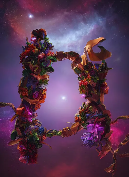 Image similar to An epic fantastic realism comic book style painting of the most beautiful entwined flowers launched across the dark galactic night sky, nebulous bouquets, fisheye lens, unreal 5, DAZ, hyperrealistic, octane render, dynamic lighting