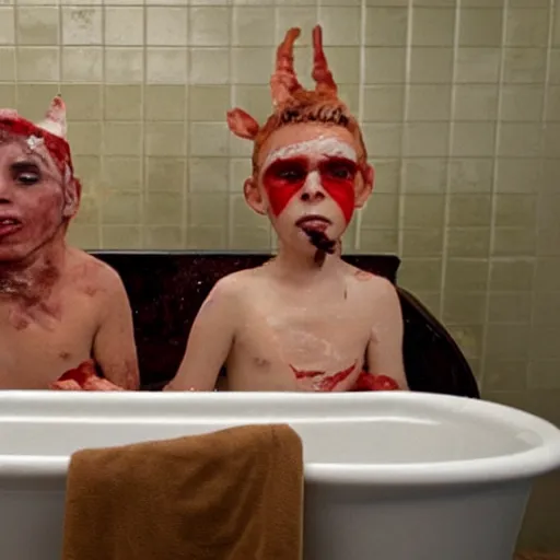 Image similar to characters from gummo sitting in a dirty bath tub with bacon taped to the wall