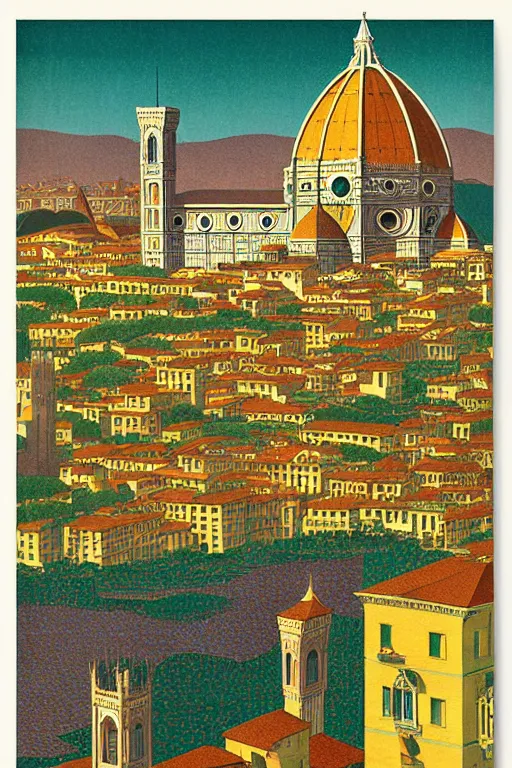 Prompt: resplendent, gilded art deco print of Florence, Italy by Hasui Kawase and Lyonel Feininger