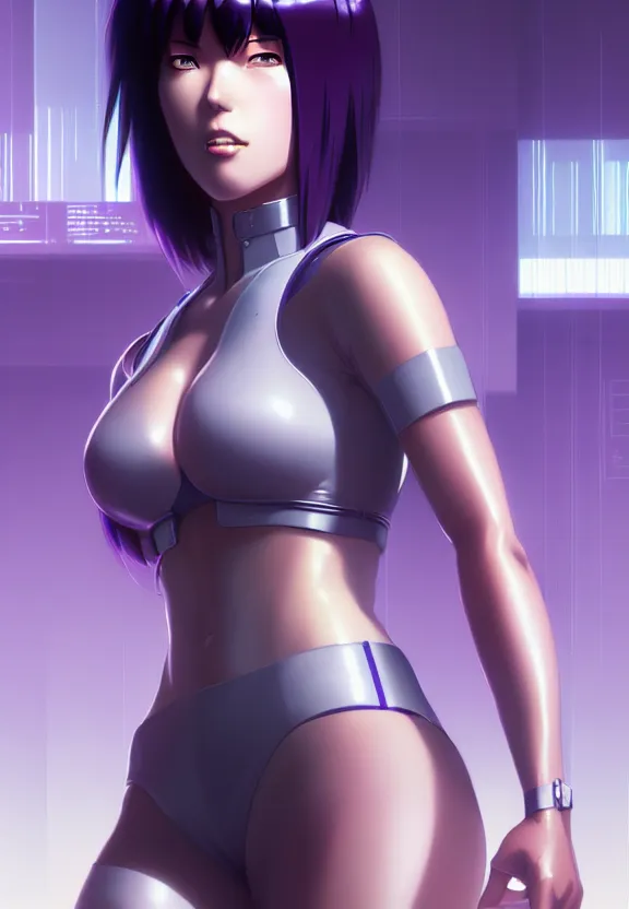 Image similar to a fullbody portrait of motoko kusanagi the major ghost in the shell : : connected to cables, under repairs, maintenance area, technicians : : by ilya kuvshinov, rossdraws, artgerm, sola digital arts, anti aliasing, raytracing : :