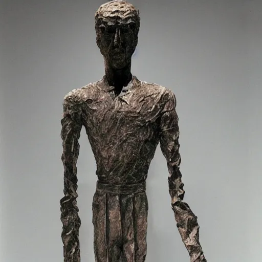 Image similar to Walking Man II by Alberto Giacometti wearing a cloth basketball jersey. Bronze Sculpture displayed in fine art museum.