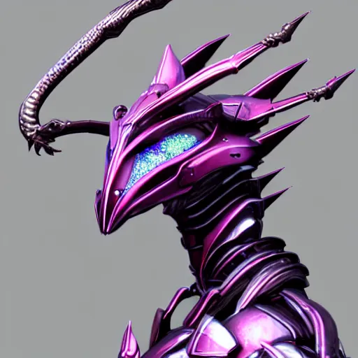 Image similar to extremely detailed bust shot of a goddess that's a giant beautiful stunning anthropomorphic robot female dragon, standing majestically over mountains, elegant pose, streamlined shiny silver metal armor, fuchsia skin below the armor, sharp metal claws, long elegant tail, detailed warframe fanart, high quality digital art, giantess art, furry art, warframe art, furaffinity, DeviantArt, 8k HD, octane render