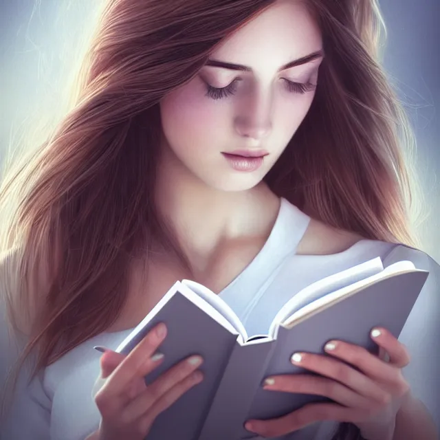 Prompt: beautiful girl reading a book, her hair flowing down, highly detailed, 4 k, hdr, smooth, sharp focus, high resolution, award - winning photo, artgerm, photorealistic