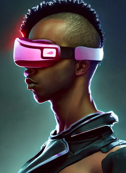 Prompt: side profile of a young black man with a mohawk wearing vr goggles, wearing futuristic techwear highly detailed, angular jawline, digital painting, artstation, concept art, smooth, sharp focus, illustration, art by wlop, uang guangjian and gil elvgren and sachin teng and greg rutkowski
