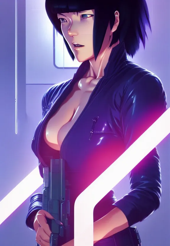 Image similar to a fullbody portrait of motoko kusanagi the major ghost in the shell : : connected to cables, under repairs, maintenance area, technicians : : by ilya kuvshinov, rossdraws, artgerm, sola digital arts, anti aliasing, raytracing : :