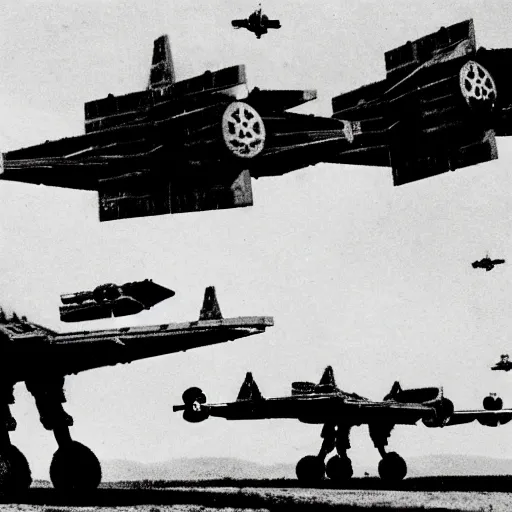 Image similar to an old ww2 photograph of star wars TIE fighters, AT-AT, WW2 planes fighting