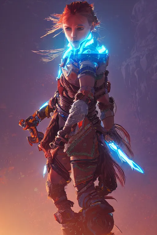 Image similar to combination suit armor aloy horizon forbidden west horizon zero dawn radiating a glowing aura global illumination ray tracing hdr fanart arstation by ian pesty and alena aenami artworks in 4 k tribal robot ninja mask helmet backpack