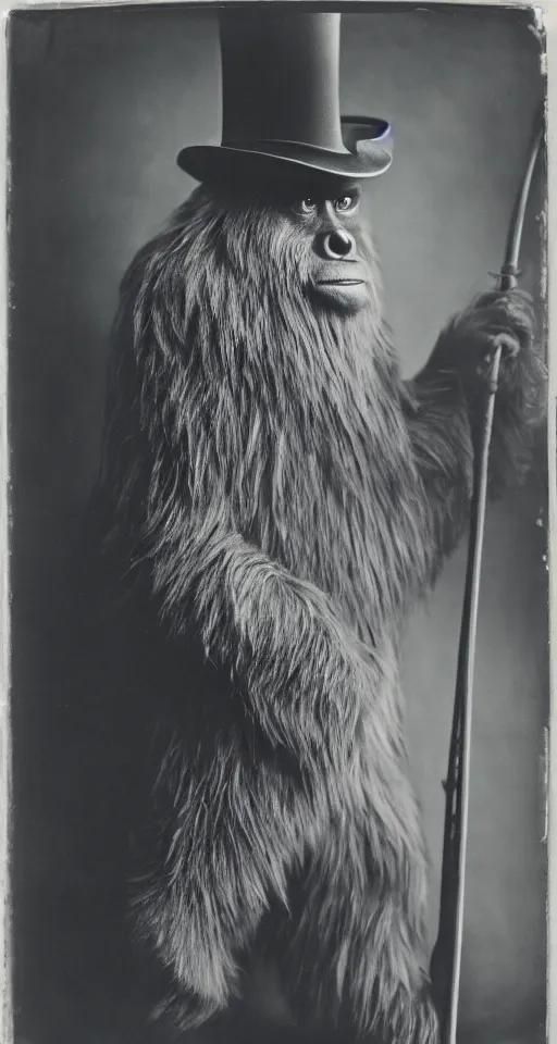 Prompt: a vintage wet plate portrait of a dignified bigfoot with a top hat and cane, extremely detailed, by yousuf karsh!!!!!!!!!!!!!!!!!!